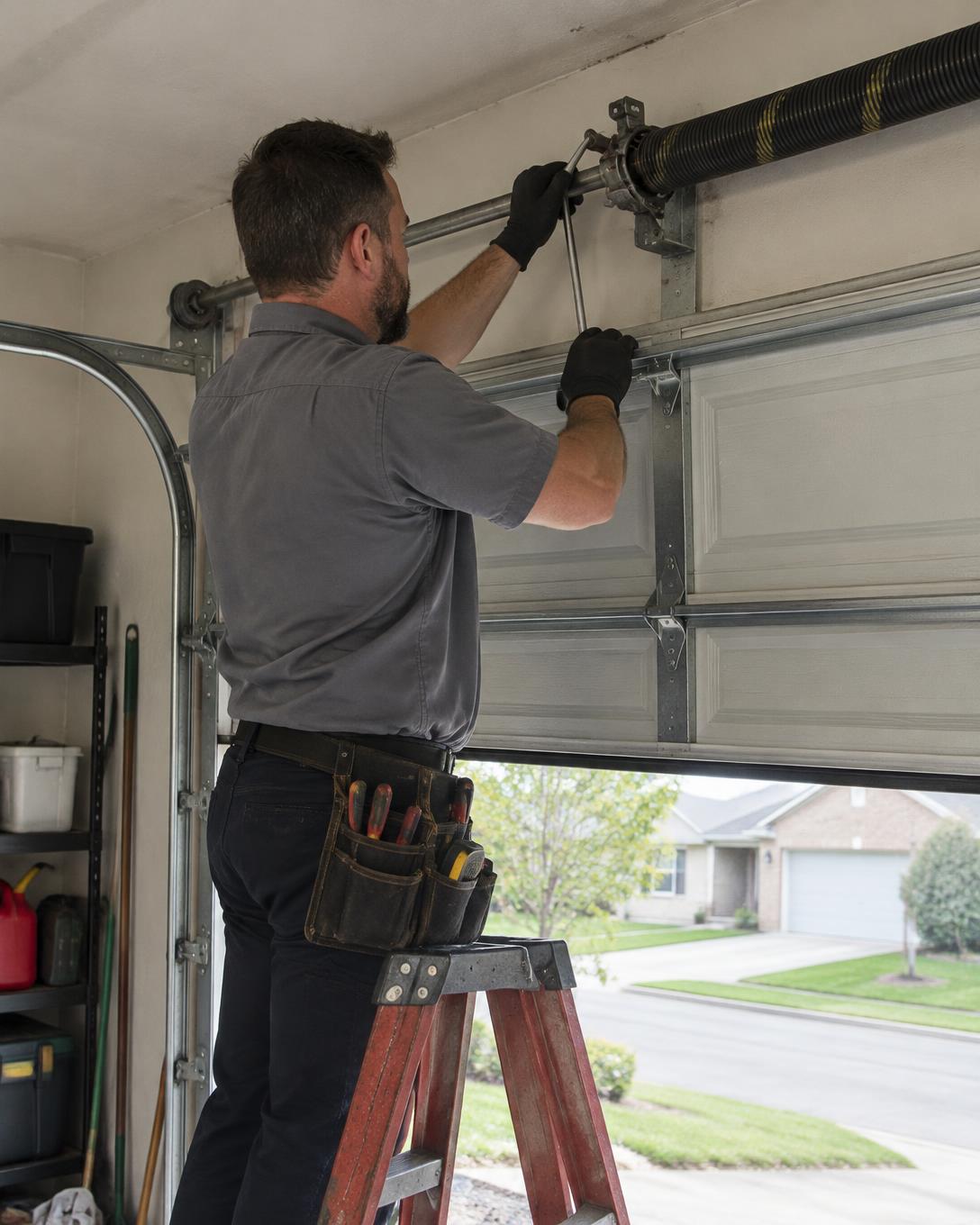 Technician adjusting a garage door torsion spring from a ladder